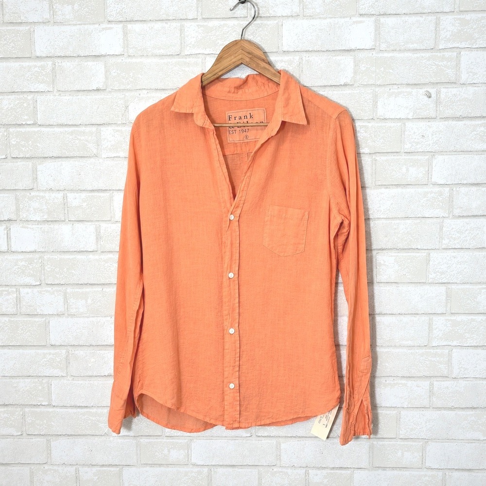 Frank & Eileen Barry Button Shirt Womens L Lightweight Cotton Orange Fall Casual
